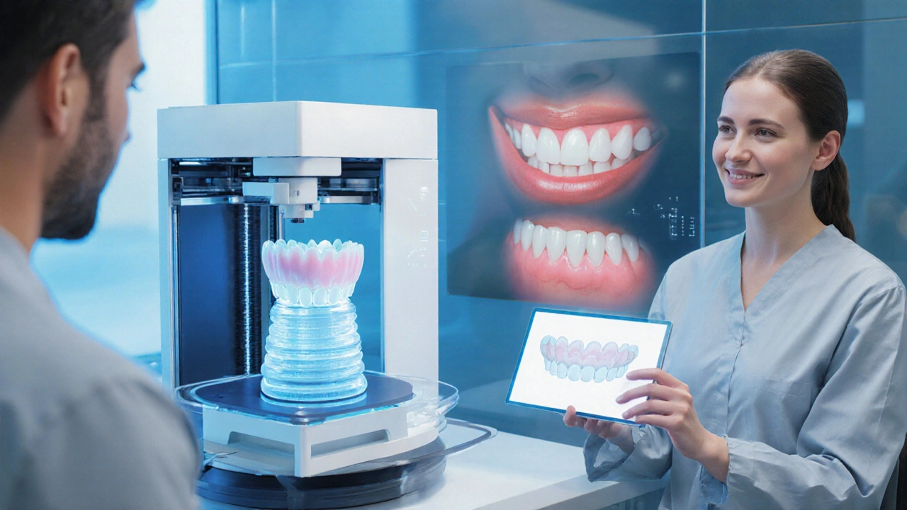 3D tiskárna vytváří keramickou korunku v high‑tech dentální laboratoři.