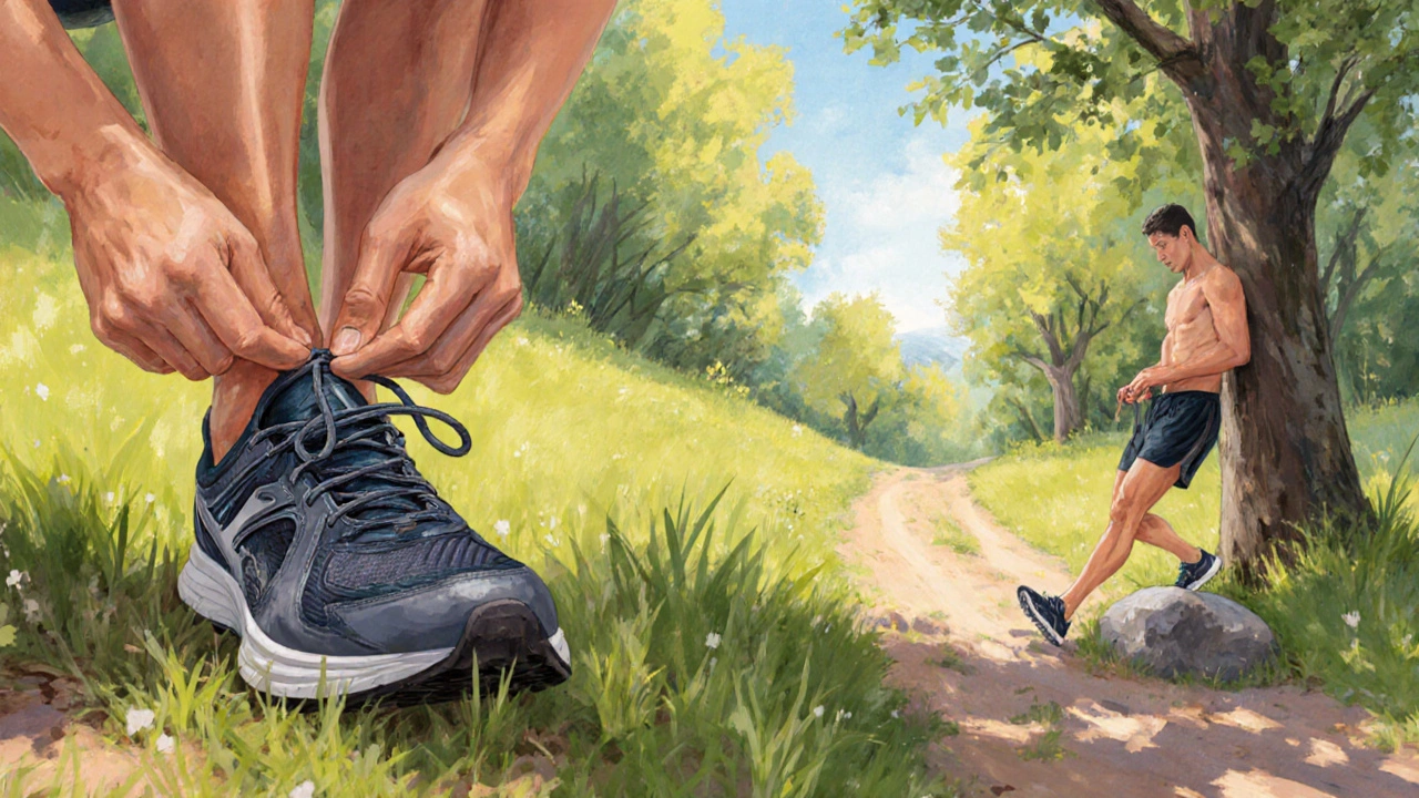 Běžec protahuje lýtka a obouvá stabilní běžecké boty na slunné trati.