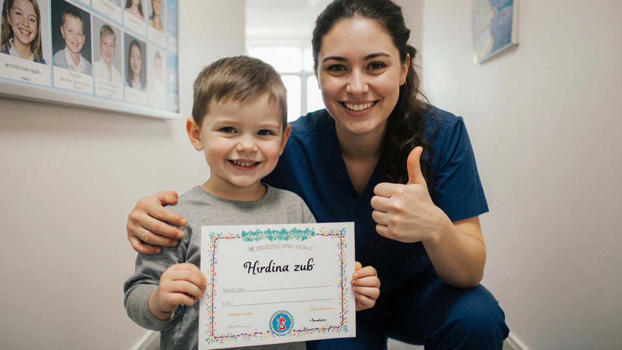 Dítě drží certifikát 'Hrdina zubů' a směje se lékaři, který se k němu sklonil.