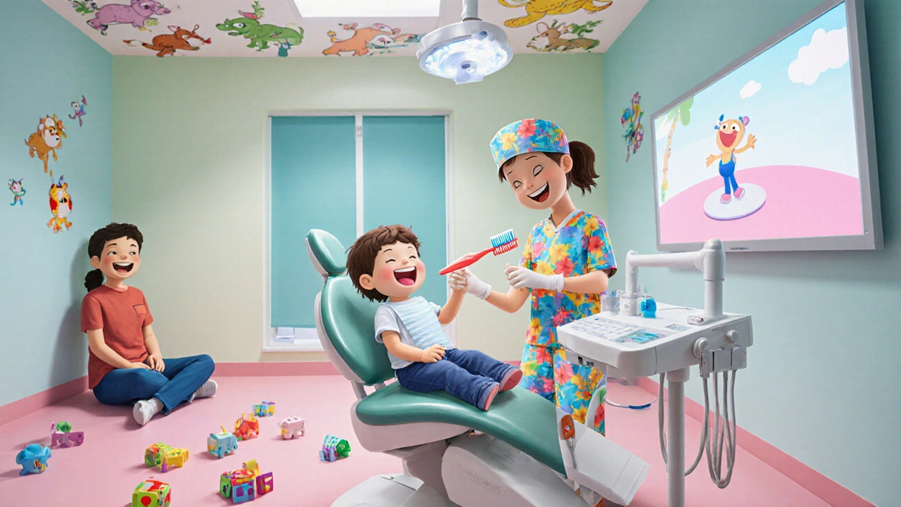 Dítě v barevné dětské zubní klinice sleduje lékaře, který ukazuje zubní kartičku.