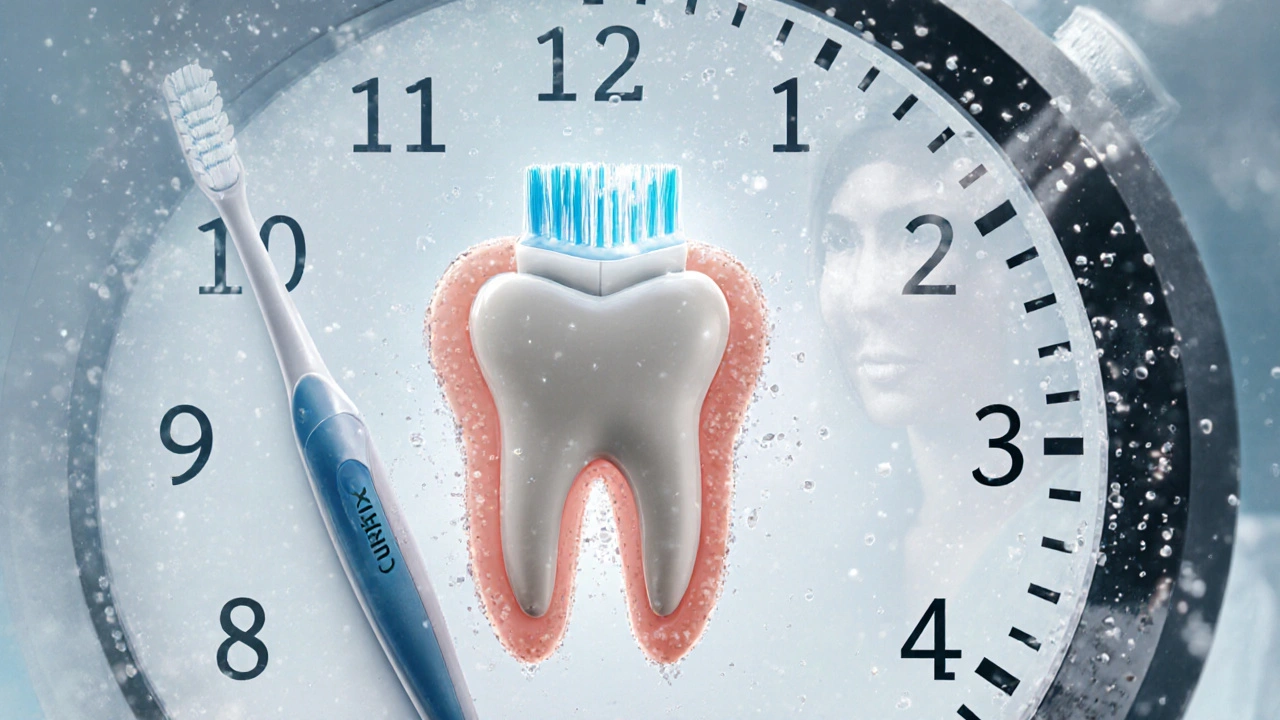 Hodiny s zuby místo čísel, kartáček čistí a plak se mění ve světlo.