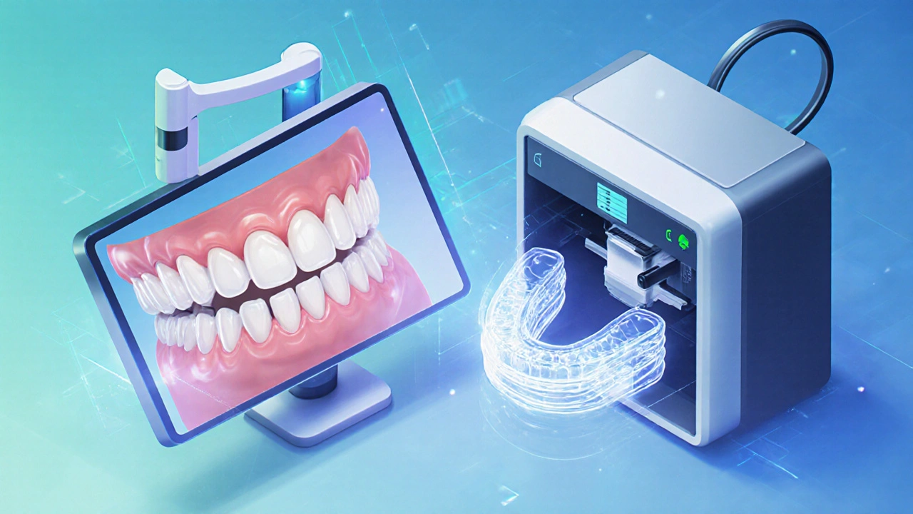 Isometrický vzhled digitálního skenování a 3D tisku rovnátek.