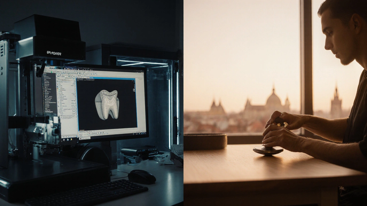 Laboratorní scéna s moderním CAD/CAM tiskem a tradičním ručním zpracováním korunek.