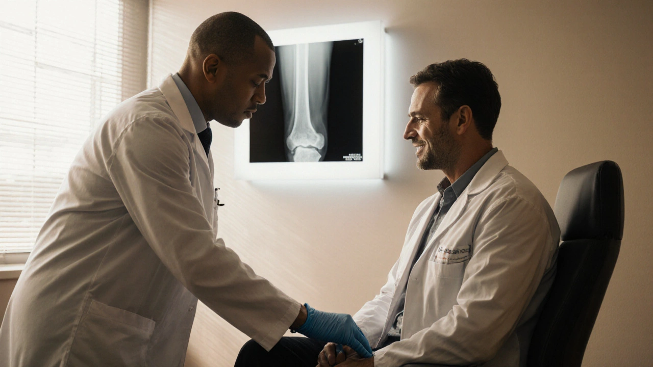 Lékař zkoumá pacientovu holenní kost, v pozadí jsou rentgenové snímky.