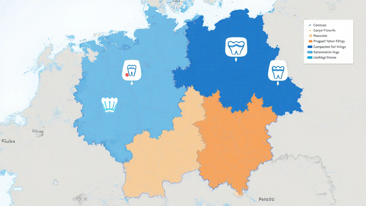 Mapa ČR s barevnými oblastmi znázorňujícími různé ceny opravy předního zubu.
