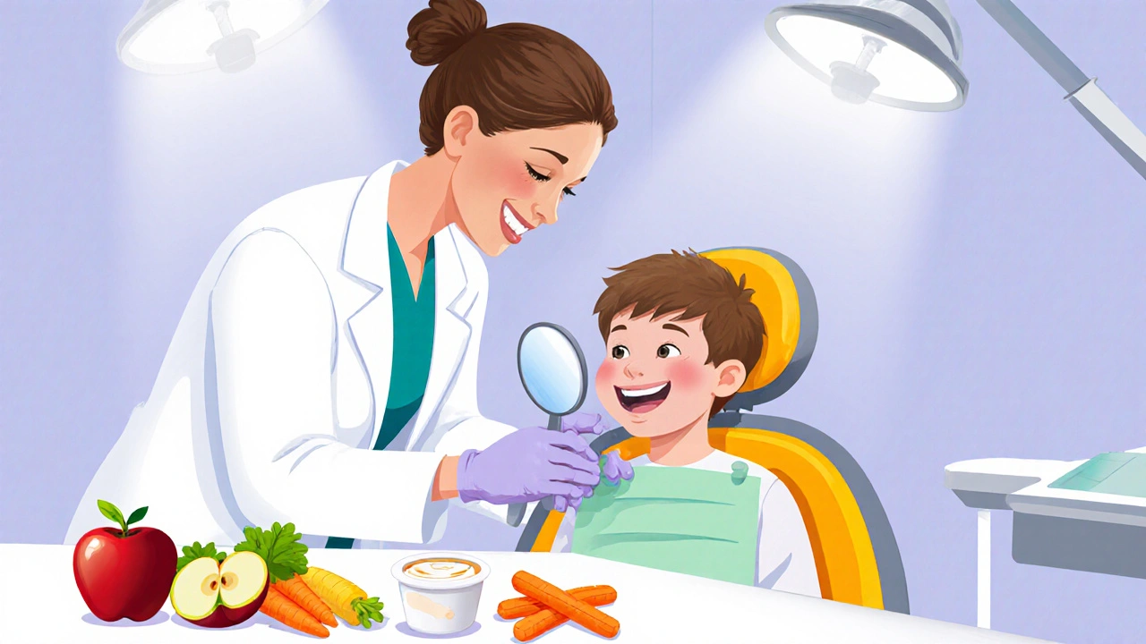 Pediatrický zubař kontroluje dětské zuby, vedle zdravé potraviny.