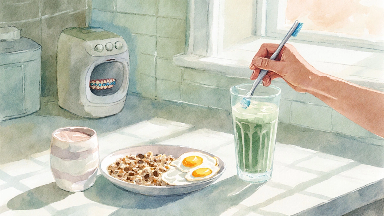 Pokrm a zubní hygiena – jogurt, kaše, kartáček u úst s rovnátky.