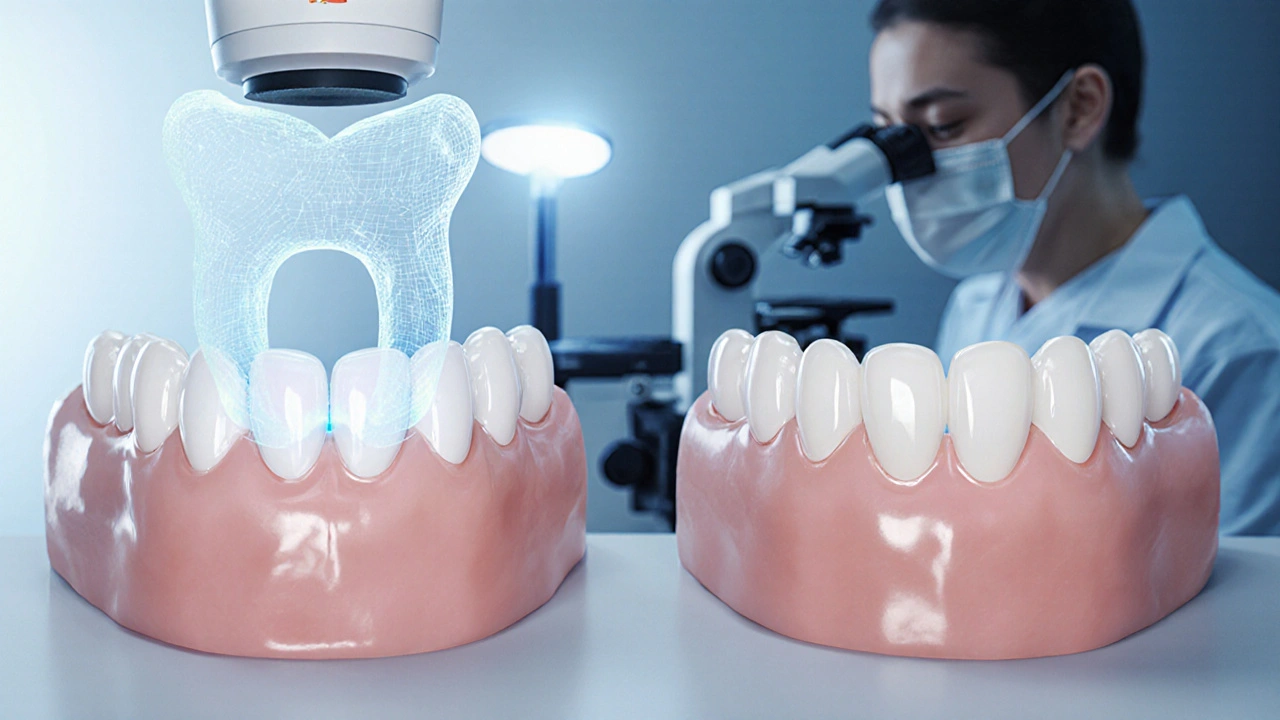 Porcelánová fazeta (průhledná) a kompozitní fazeta (méně průhledná) na dvou vedlejších zubech, klinické prostředí.