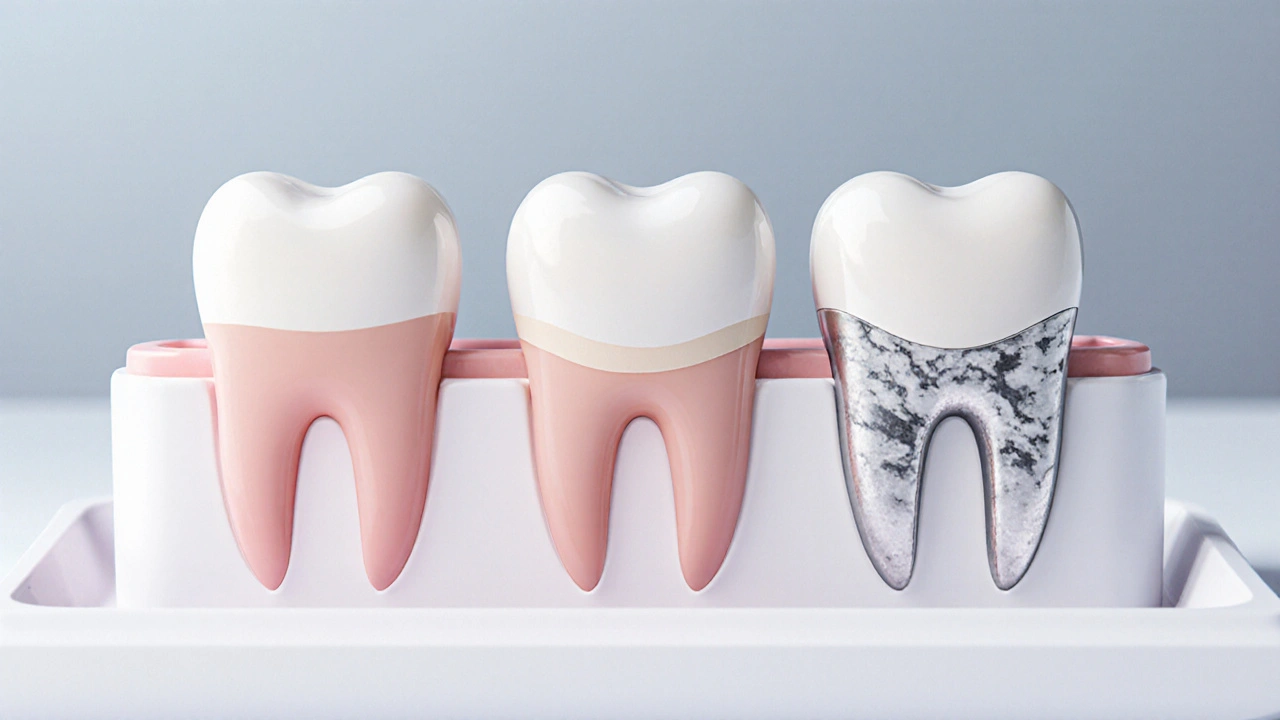 Porovnání bonding, keramické fazety a výplně na dentální podložce.