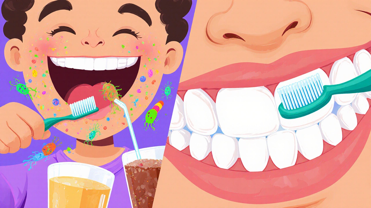 Rozdělená ilustrace: cukrovinka způsobuje plak, druhá část ukazuje správné čištění.