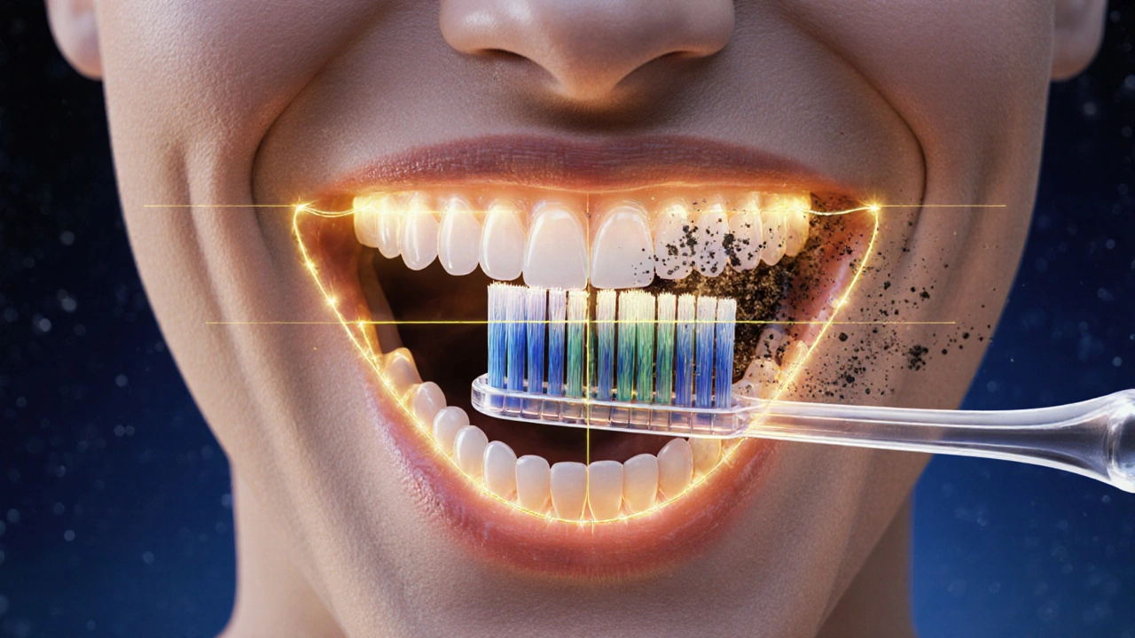 Vnitřní pohled na ústa s označenými čtyřmi kvadranty a rozptylujícím se plakem.