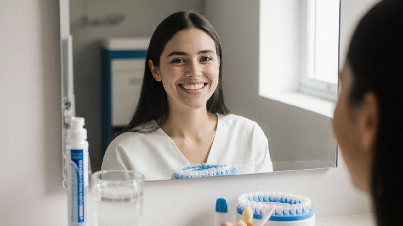 Člověk se směje do zrcadla s přirozeně zbarvenými zuby a profesionálním bělícím proužkem na stole.