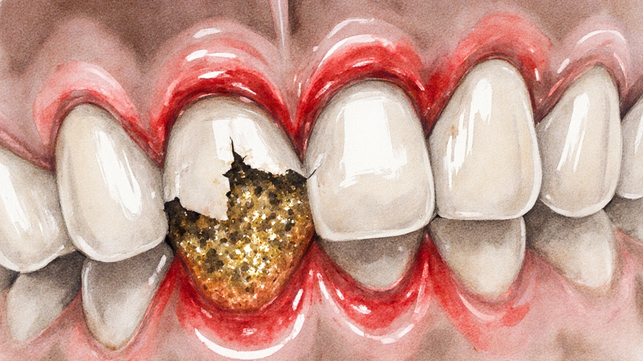 Detail zubů s křivými zuby, červené a oteklé dásně s zbytky jídla mezi nimi.