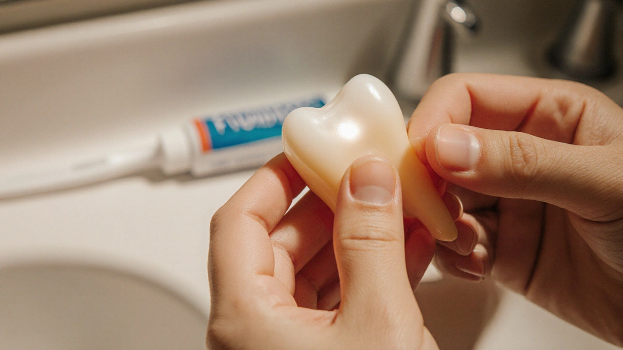 Dětský zub s počínajícím kazem, držený v ruce s kartáčkem a pastou na pozadí.