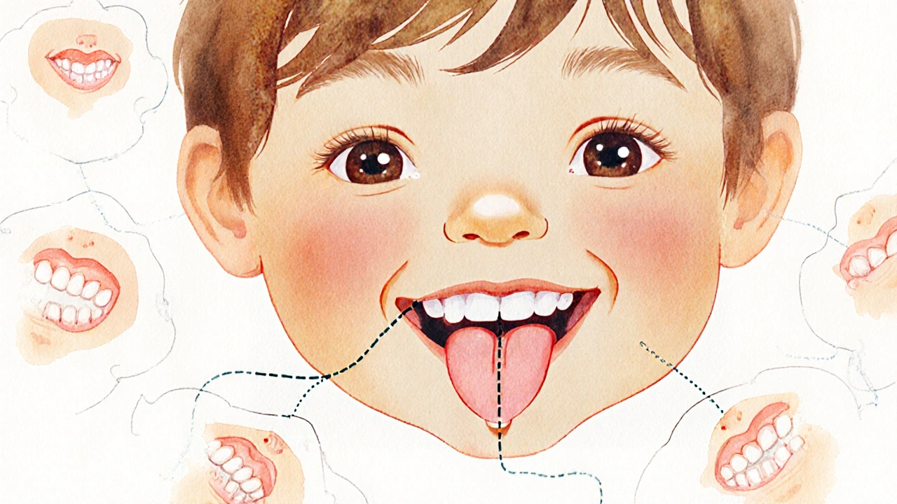 Dítě se smíchem a mezerou mezi novými trvalými zuby, s jemným výkresem jazykové příčky.