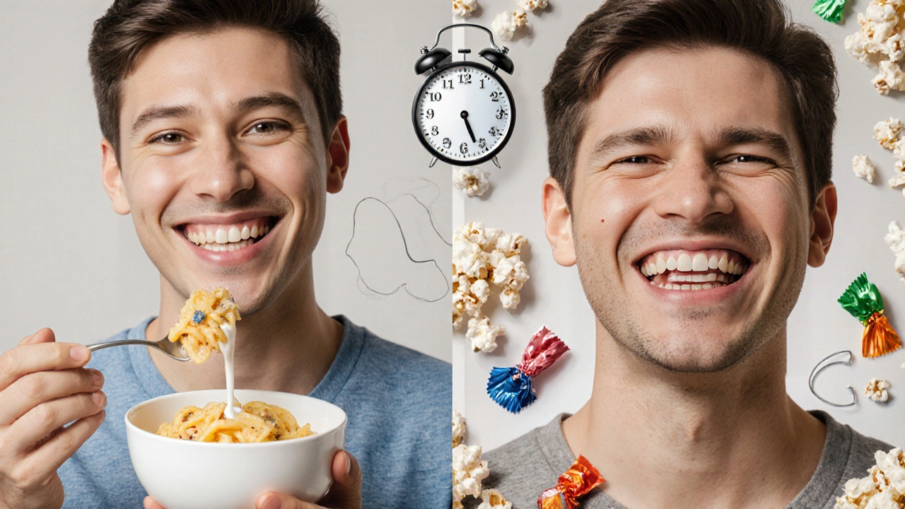 Dvě paralelní scény: jedna s čistými zuby a měkkým jídlem, druhá s poškozenými rovnátky a zakázanými potravinami.