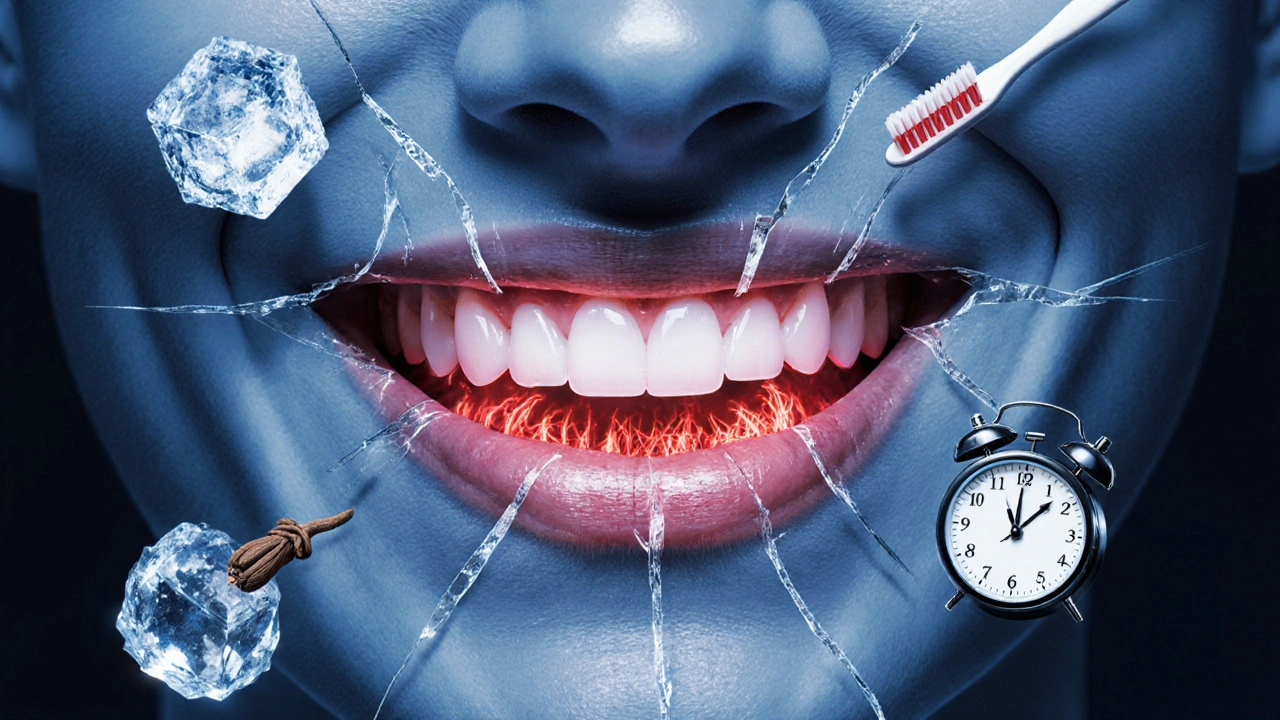 Frakturovaný úsměv s viditelnými zánětlivými kořeny zubů.