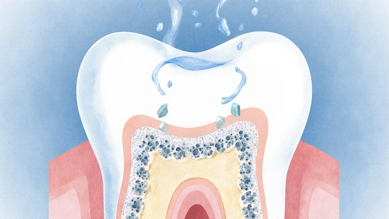 Ilustrace obnovy zubní skloviny minerály ze sliny, bez vrtání nebo děr.