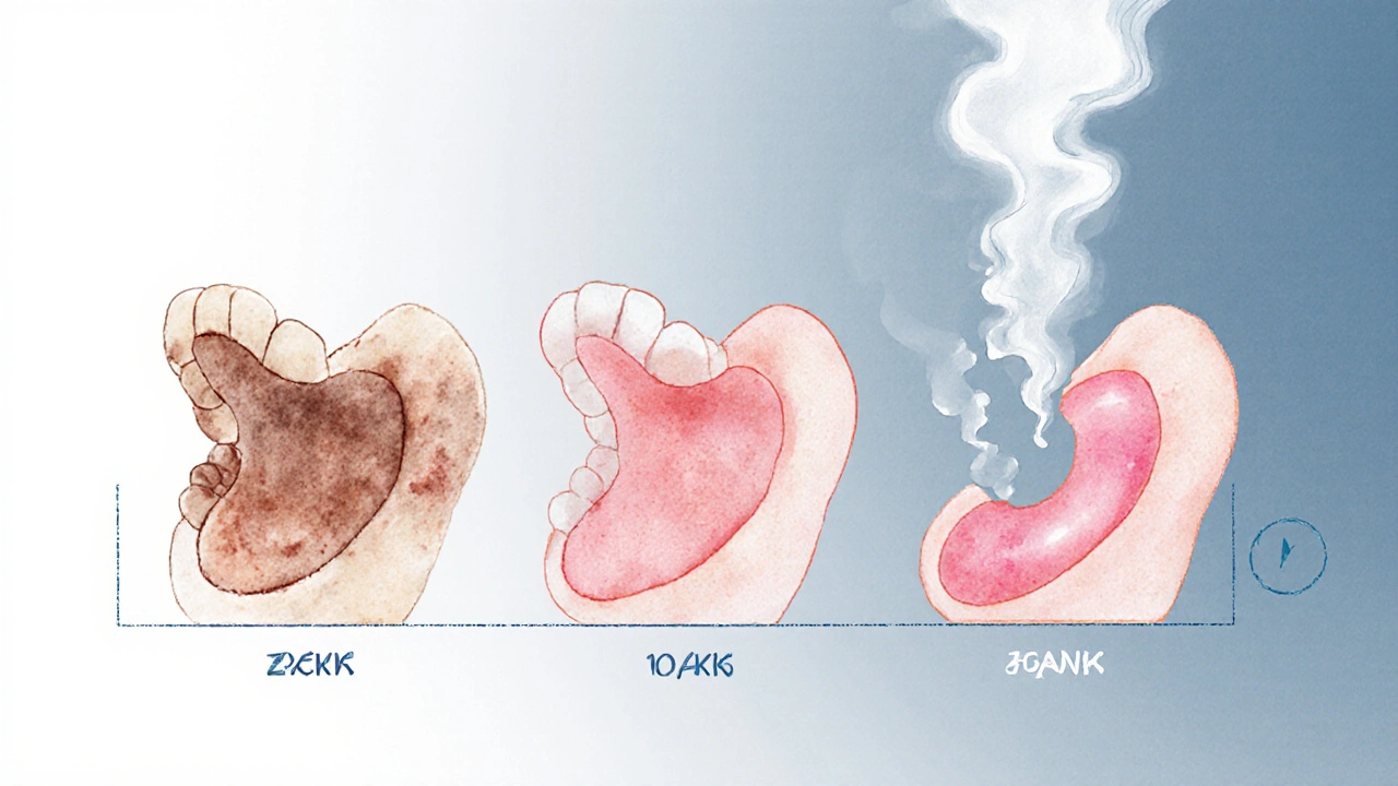 Ilustrace vývoje zubů po přestání kouřit: od tmavých skvrn k zdravému úsměvu.