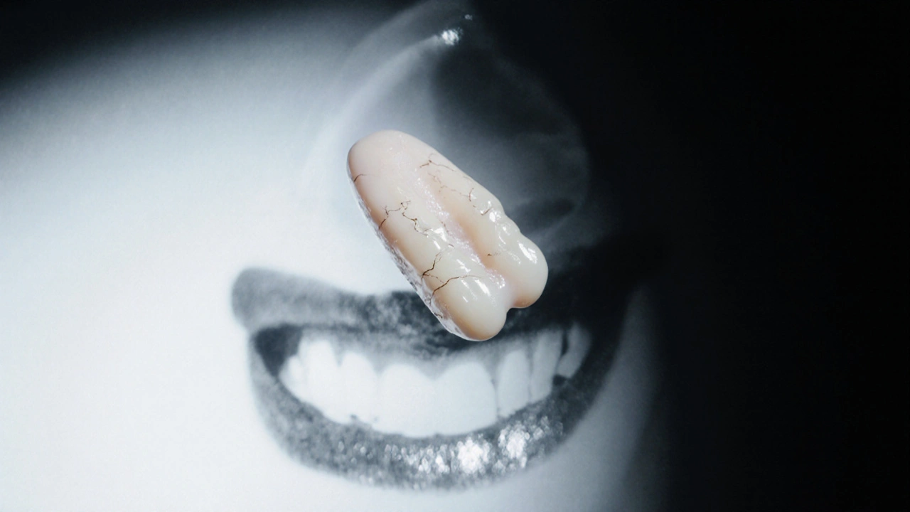 Jedna zubní fazeta ve vzduchu, osvětlená jako symbol změny úsměvu.