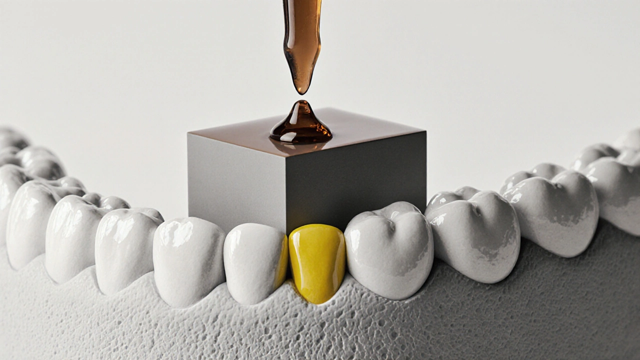 Konceptuální obrázek: bělící gel účinkuje jen na zub, ne na plombu.