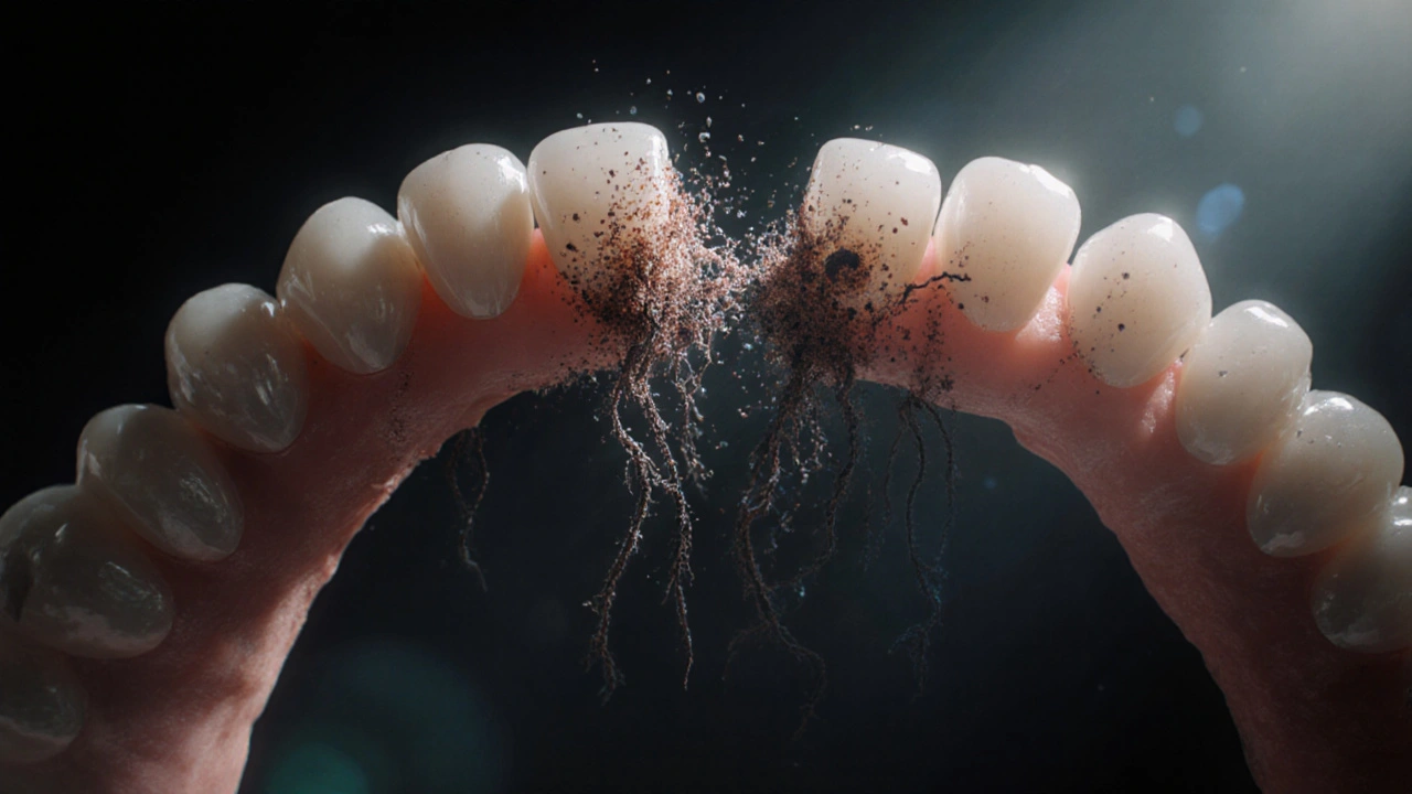 Konceptuální obrázek zubního oblouku s bakteriemi a zánětem v mezeře mezi řezáky.