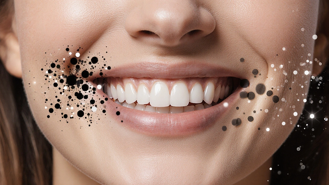 Konceptuální zobrazení mikroskopických nečistot odstraňovaných z povrchu zubů jemným proudem vzduchu a částic.