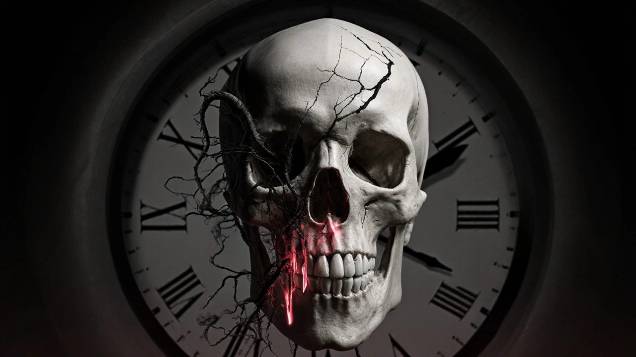 Kost lebky s rozpadajícím se zubem a temnými trhlinami šířícími se do čelisti.