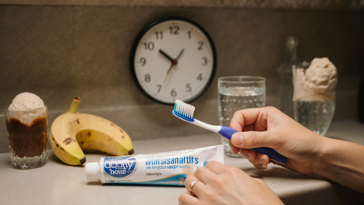 Měkký kartáček a pasta pro citlivé zuby na koupelnové konzole.