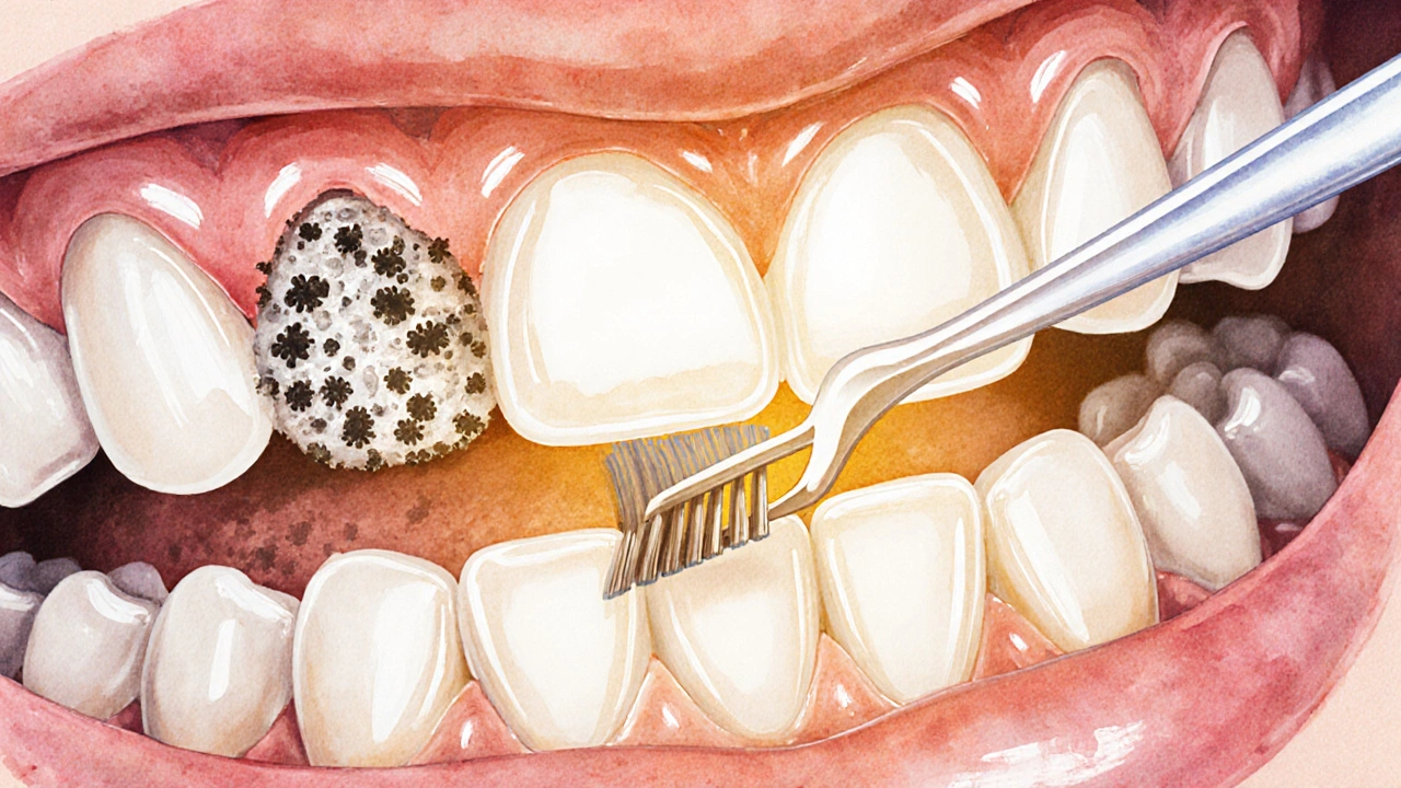 Mikroskopický pohled na odstranění zubního plaku mezizubním kartáčkem.