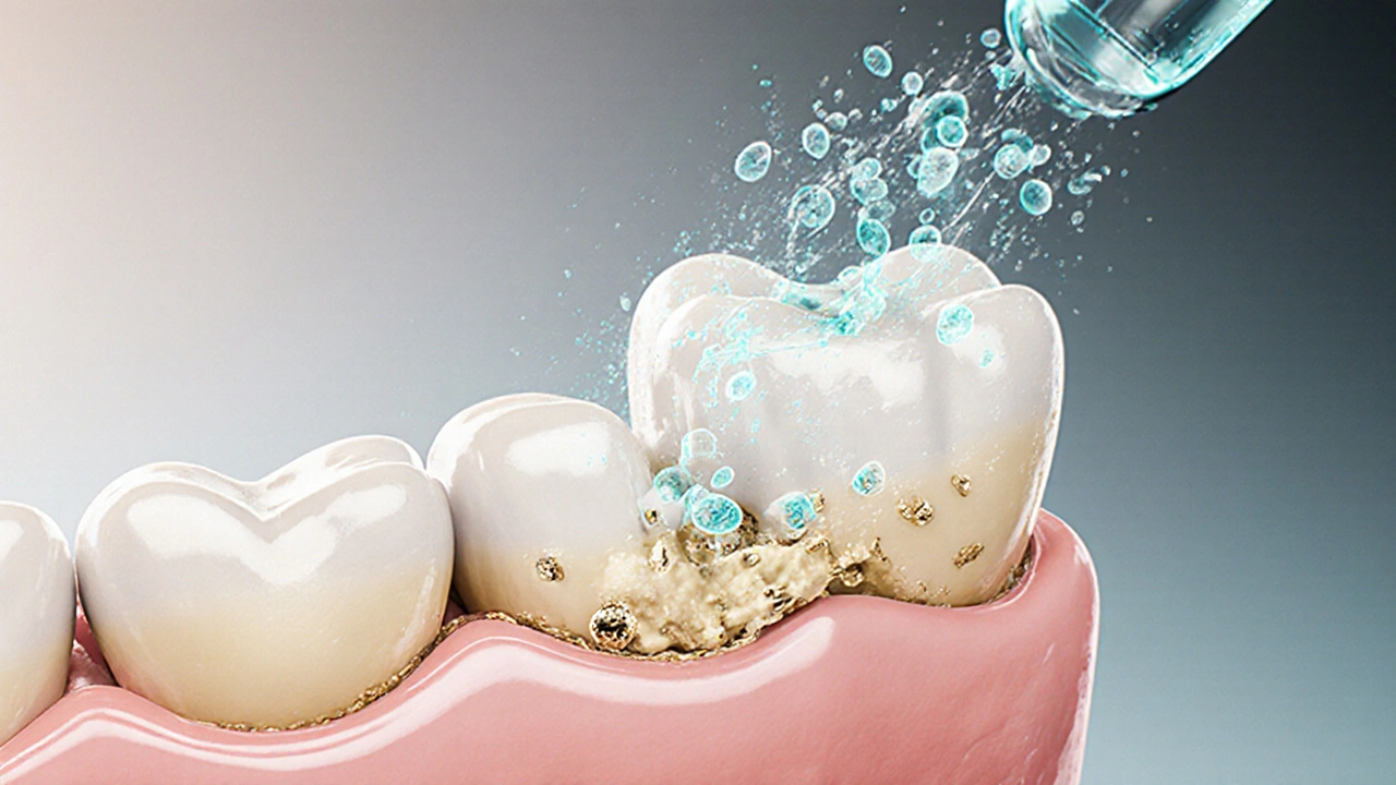 Mikroskopický pohled na odstraňování plaku a zubního kamene jemnými částicemi v proudění vzduchu a vody.