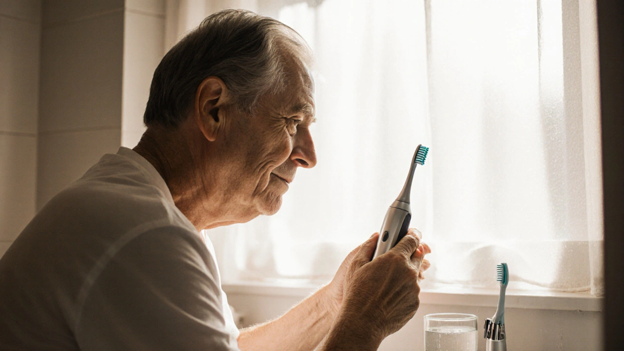 Osoba čistí zuby ultrazvukovým čističem v koupelně při denní péči o ústa.