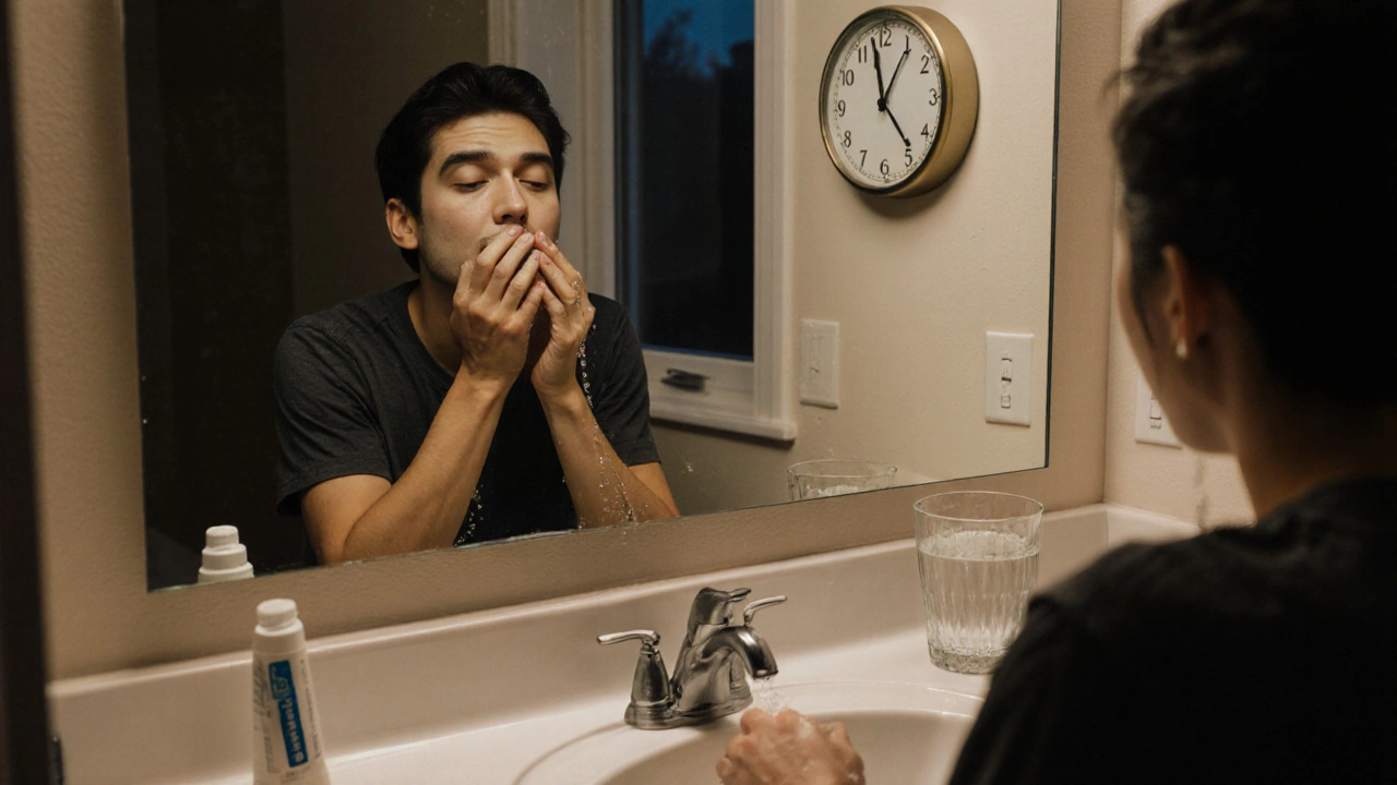 Osoba pláchne ústa solnou vodou ve vanné místnosti.