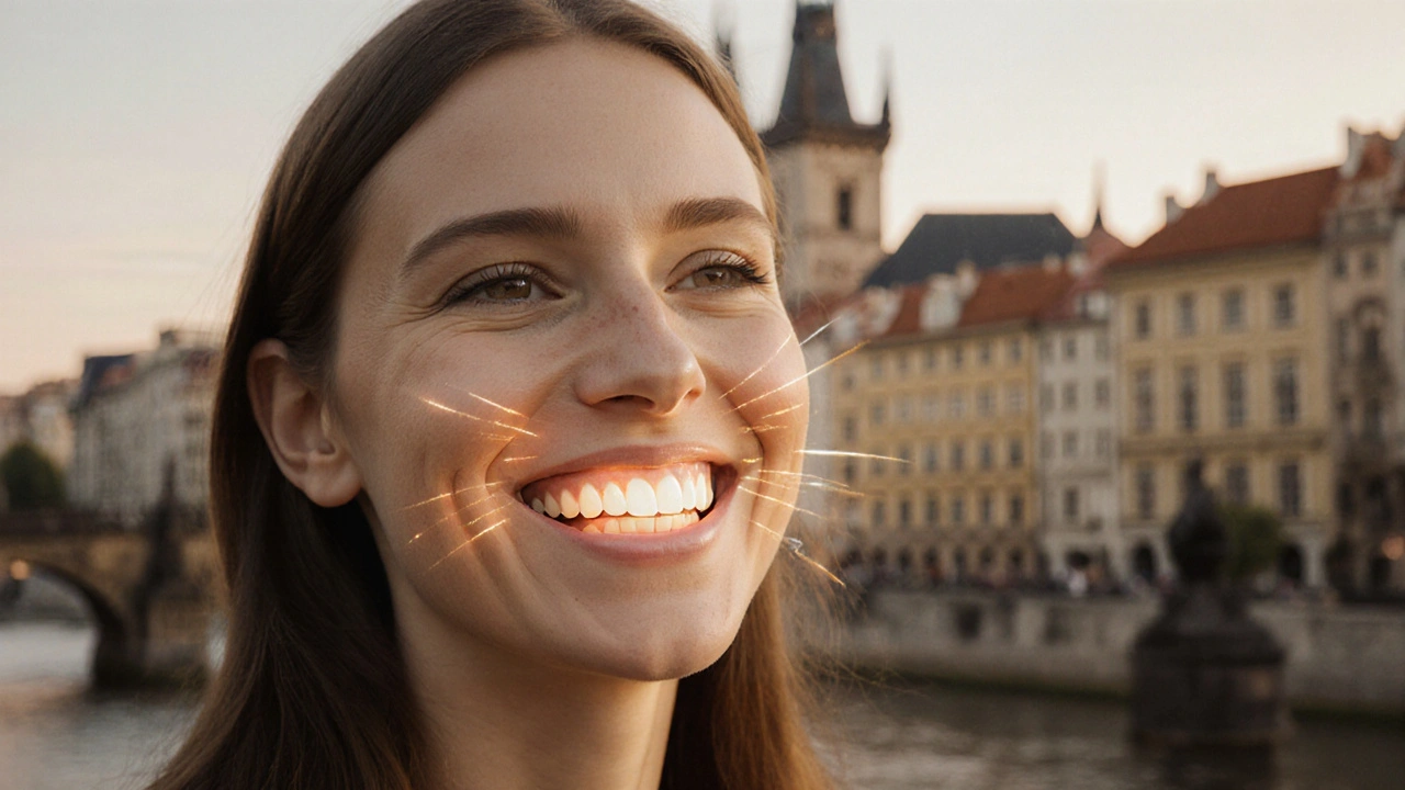 Osoba se směje s dokonale obnoveným předním zubem v pražském prostředí.
