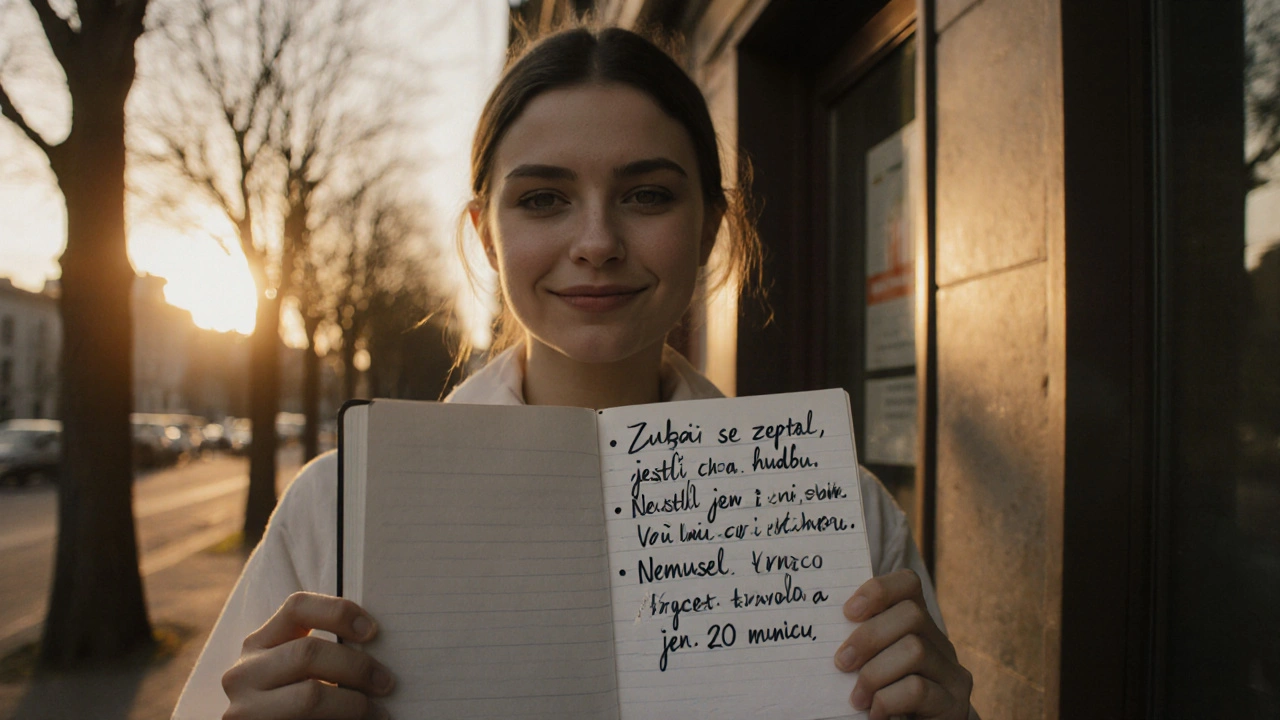 Osoba stojí před zubní klinikou s poznámkami o úspěšné návštěvě.