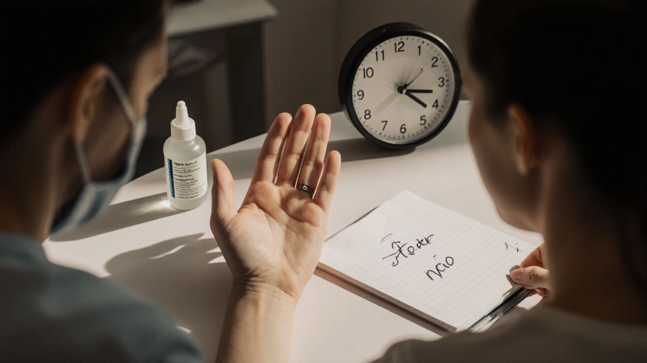 Pacient zvedá ruku, aby signalizoval nepříjemnost, zubař přerušil léčbu.