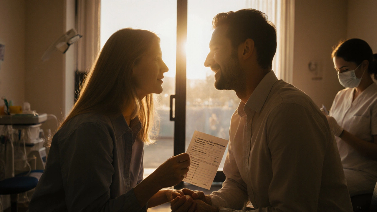 Pár drží ruce v zubní klinice, smějí se si, znázorňují obnovu důvěry a společného kroku k zdraví.