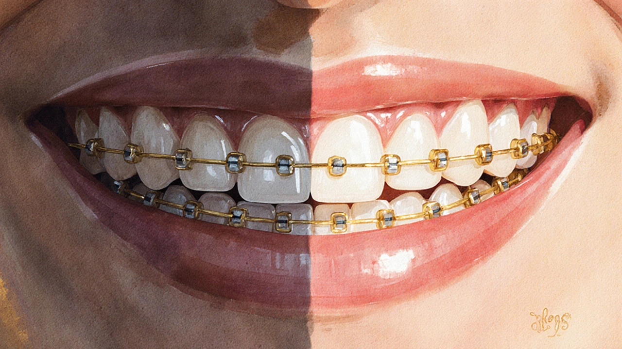 Porovnání křivých a rovných zubů s jemnými zlatými čarami ukazujícími přesun.