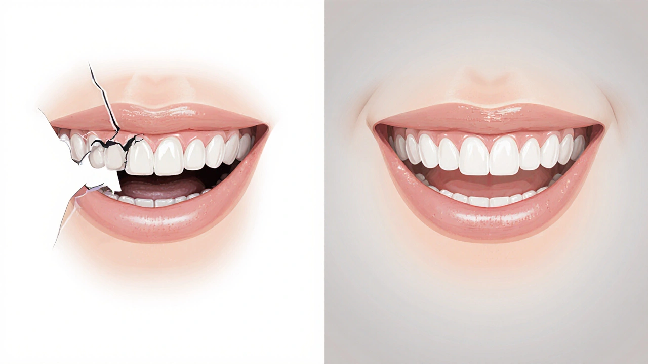 Porovnání poškozeného a obnoveného předního zubu.