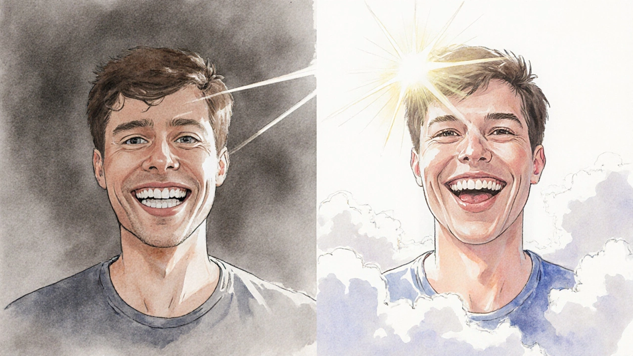 Porovnání před a po: od tmavých, nepravidelných zubů k jasnému úsměvu.