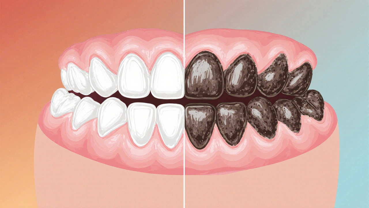 Porovnání zdravých a nezdravých zubů: čisté zuby s pevnými dásněmi proti tmavým nánosům a stahujícím se dásním.