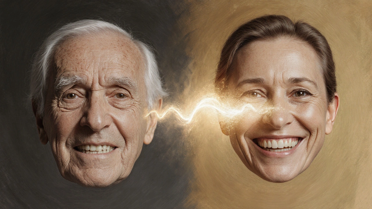 Postupná transformace tváře od vyčerpaného vzhledu k životaschopnému úsměvu.