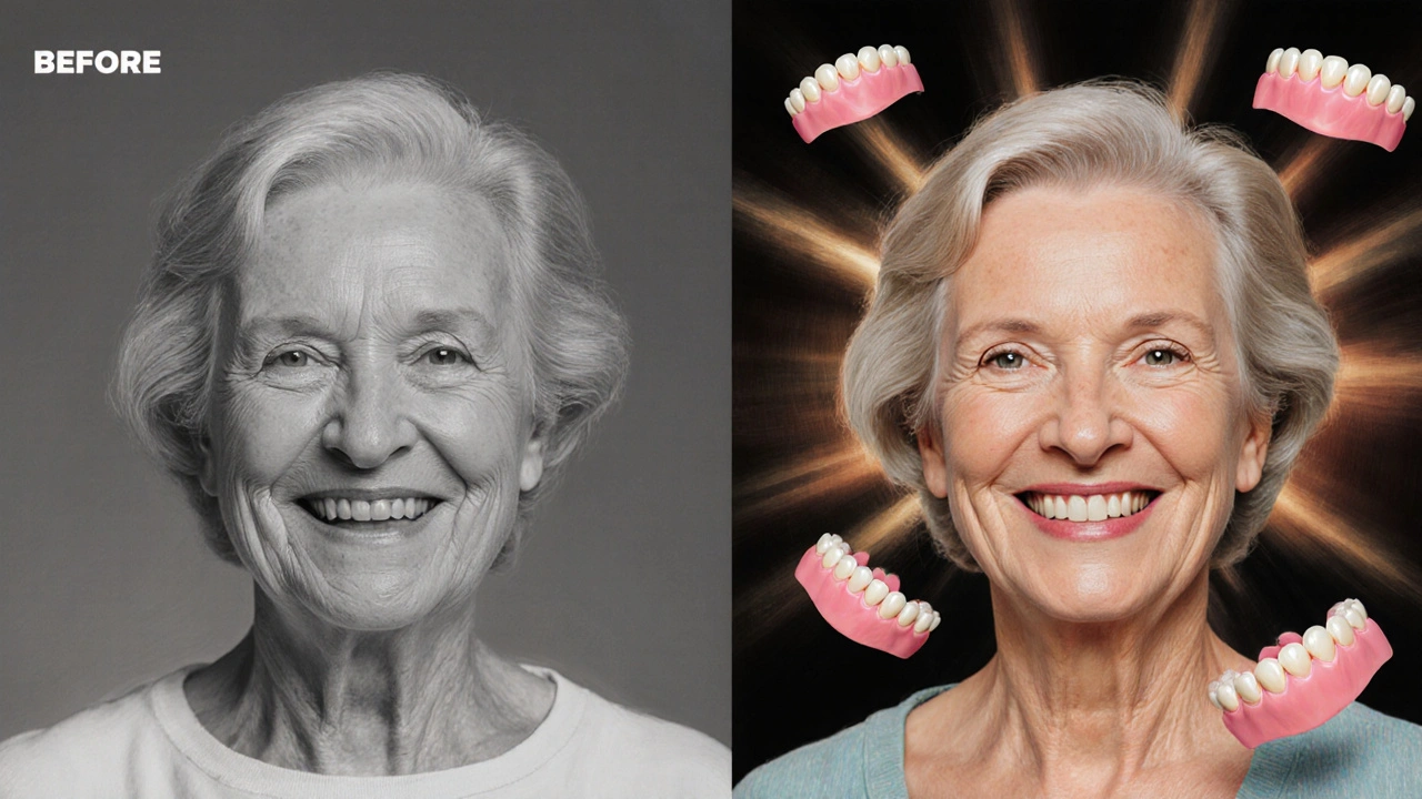 Před a po: žena s návratem úsměvu díky moderní zubní protéze.