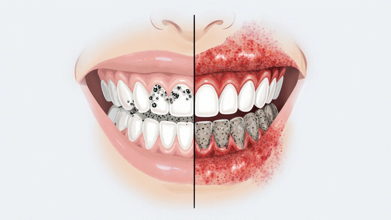 Přehled vnitřní struktury dětských zubů s plakem a zubním kamenem na dásních.