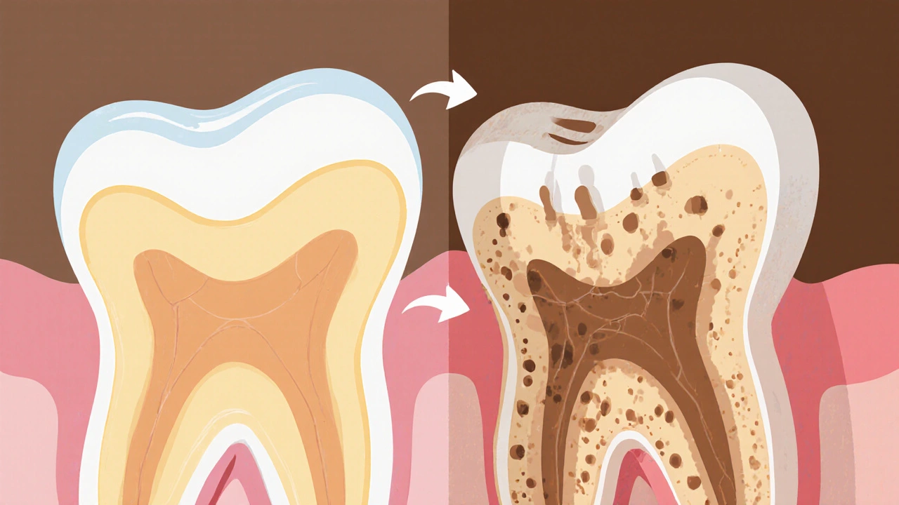 Přehledný řez zubem ukazující průhlednou sklovinu nad žlutým dentinem a zbarvující látky.