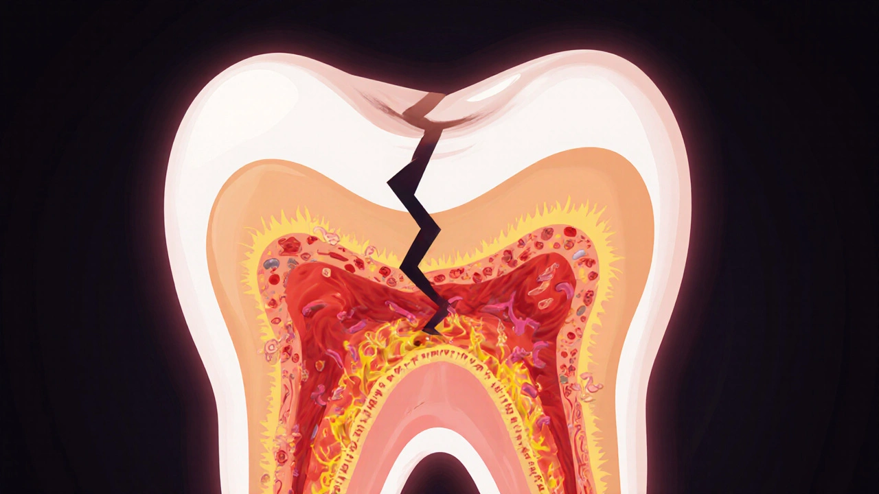 Příčný řez zubem s viditelnou trhlinou a infikovanou pultou.