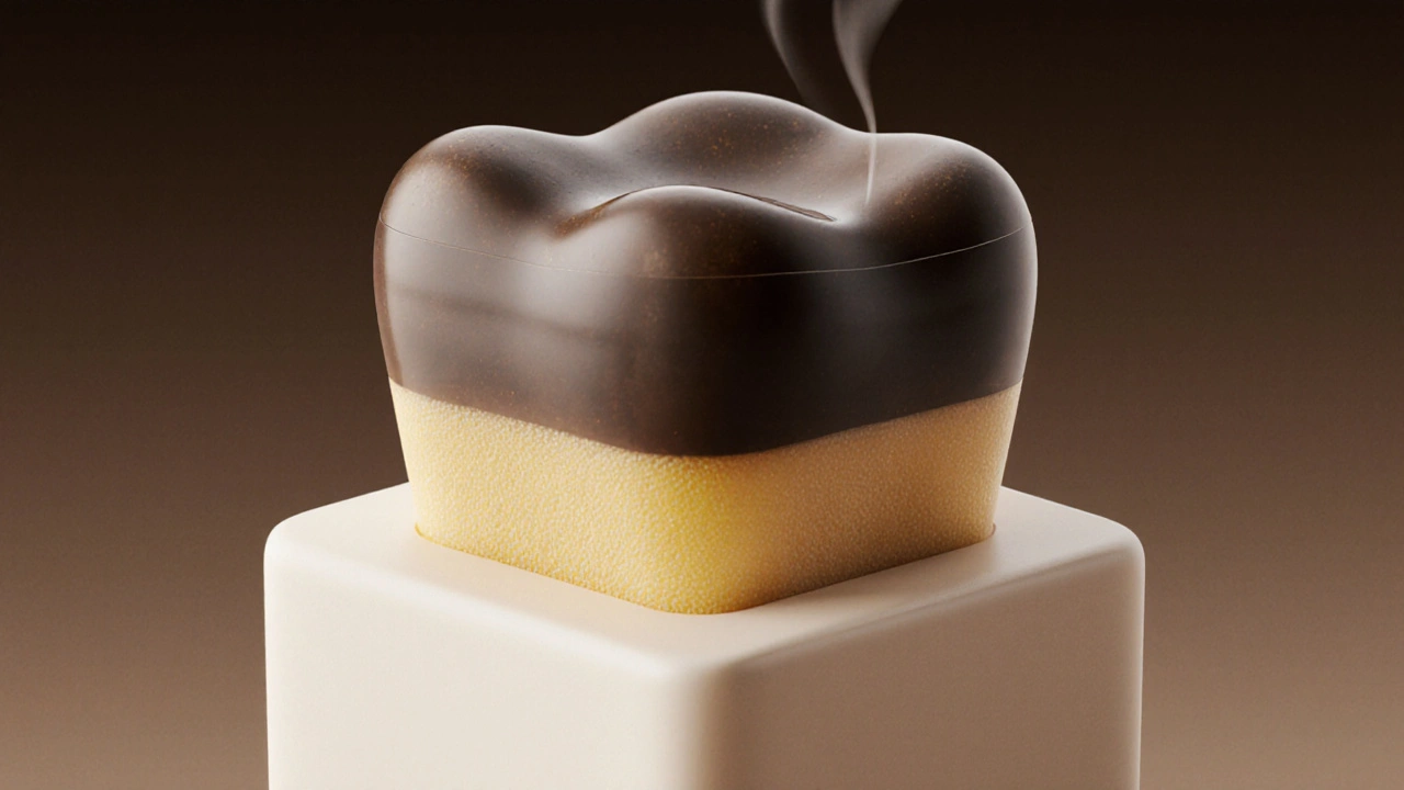 Přirozený zub s vrstvou keramické vložky překrývající tmavou pigmentaci.