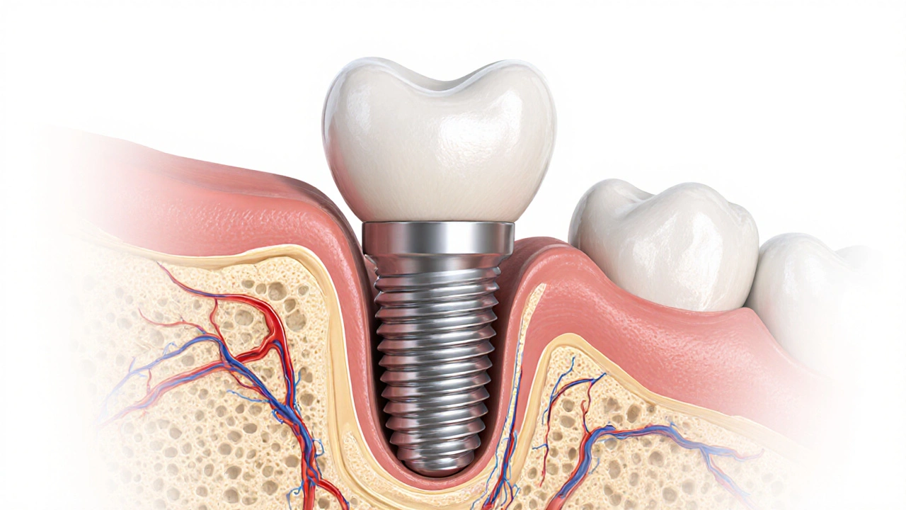 Průřez čelisti s titanovým zubním implantátem integrovaným do kosti.