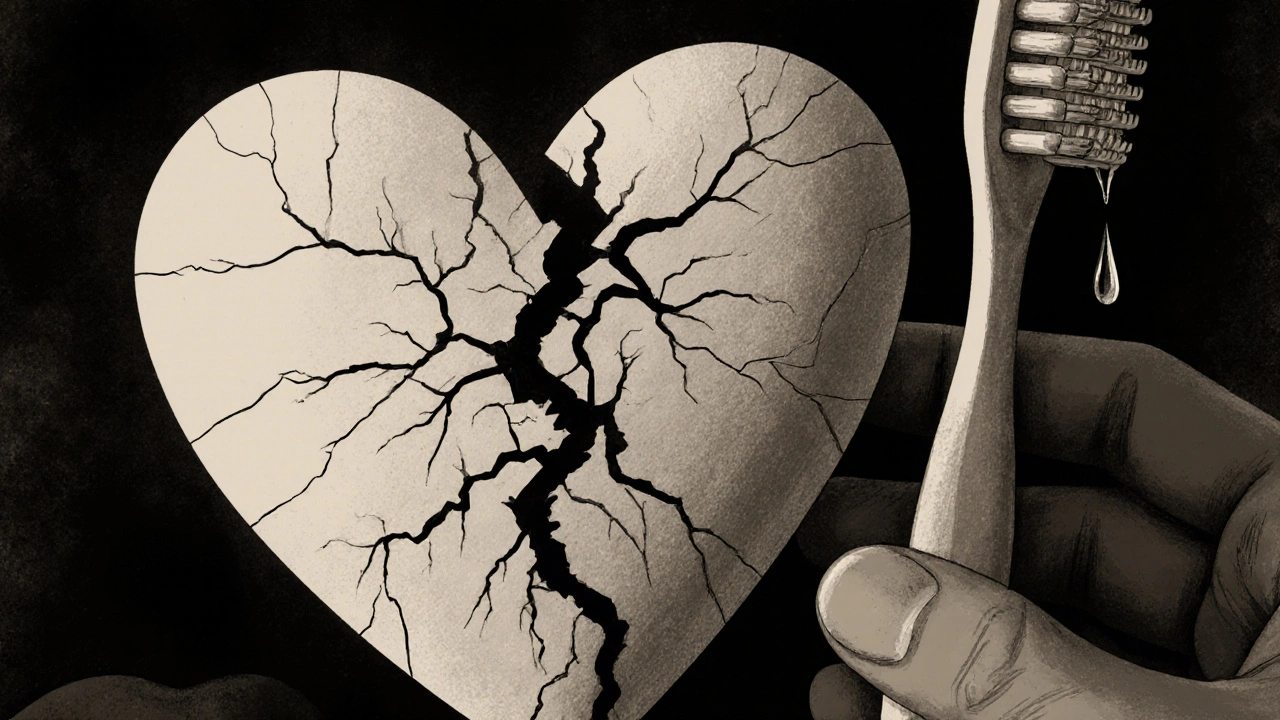 Rozbité srdce z křehkého zubního emailu s černými nánosy, symbolizující ztrátu důvěry ve vztahu.