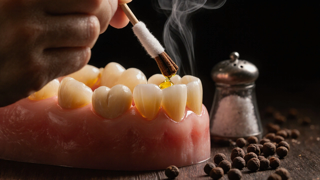 Ruka aplikuje klinčíkový olej na zub pomocí vatové tyčinky.